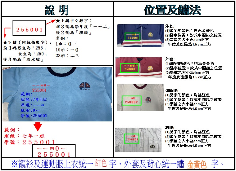 蘆洲國中制服和運動服學號的繡法說明