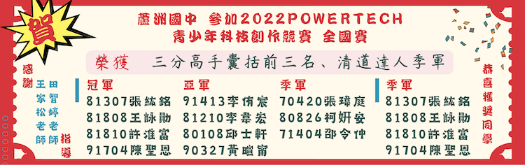 【賀】蘆洲國中參加 2022Powertech青少年科技創作競賽全國賽 榮獲 單項 三分高手囊括前三名